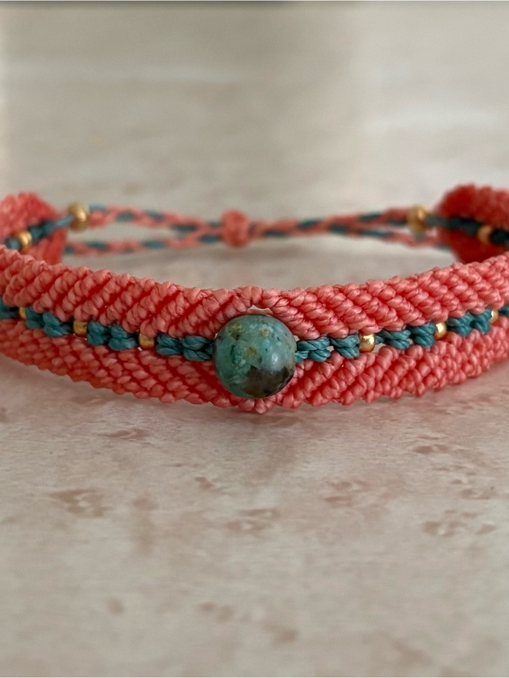 Handwoven Coral and Teal Beaded Friendship Bracelet